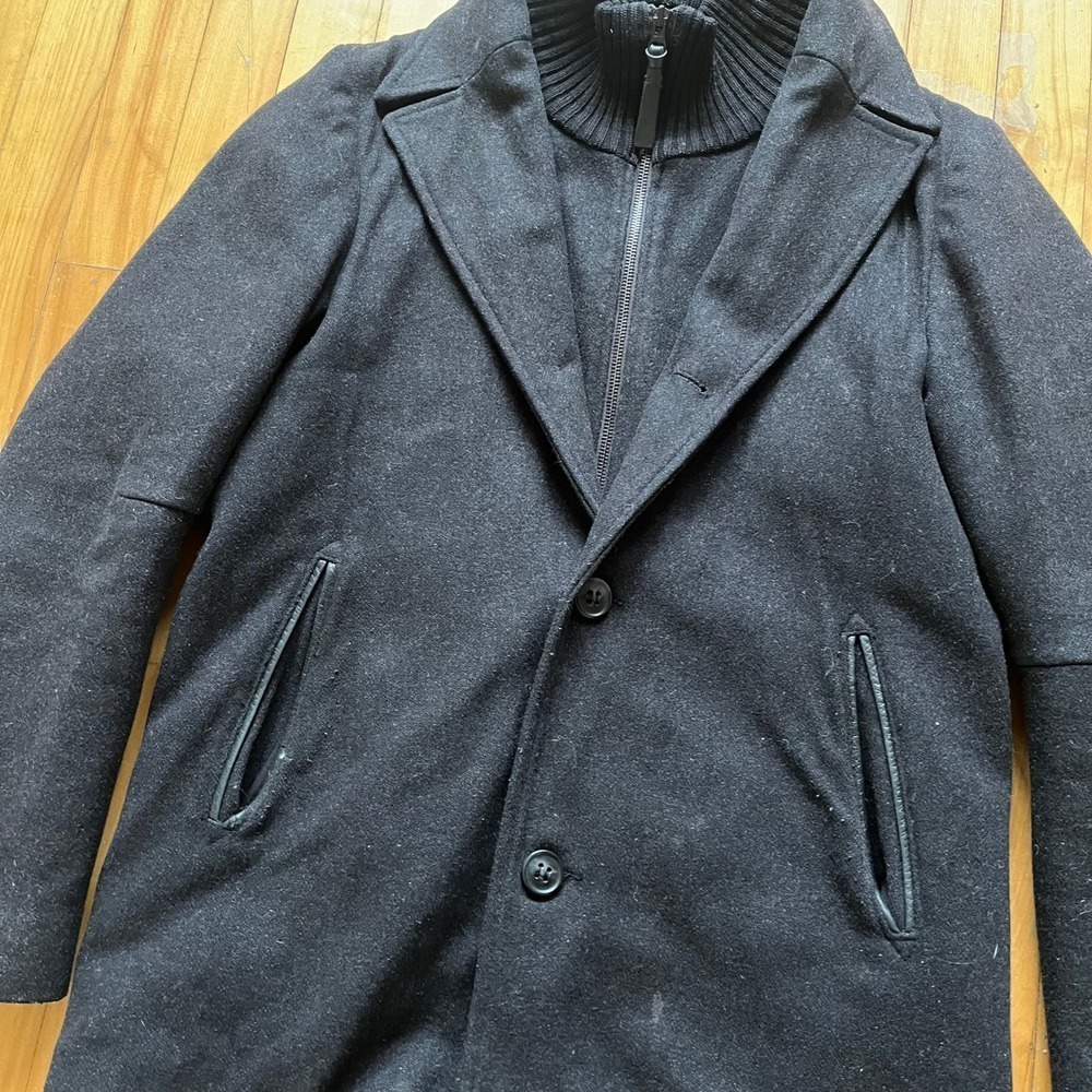 Mackage Men's Black Wool Blend Double Breasted Coat with Leather Trim Size 40 - Picture 9 of 16